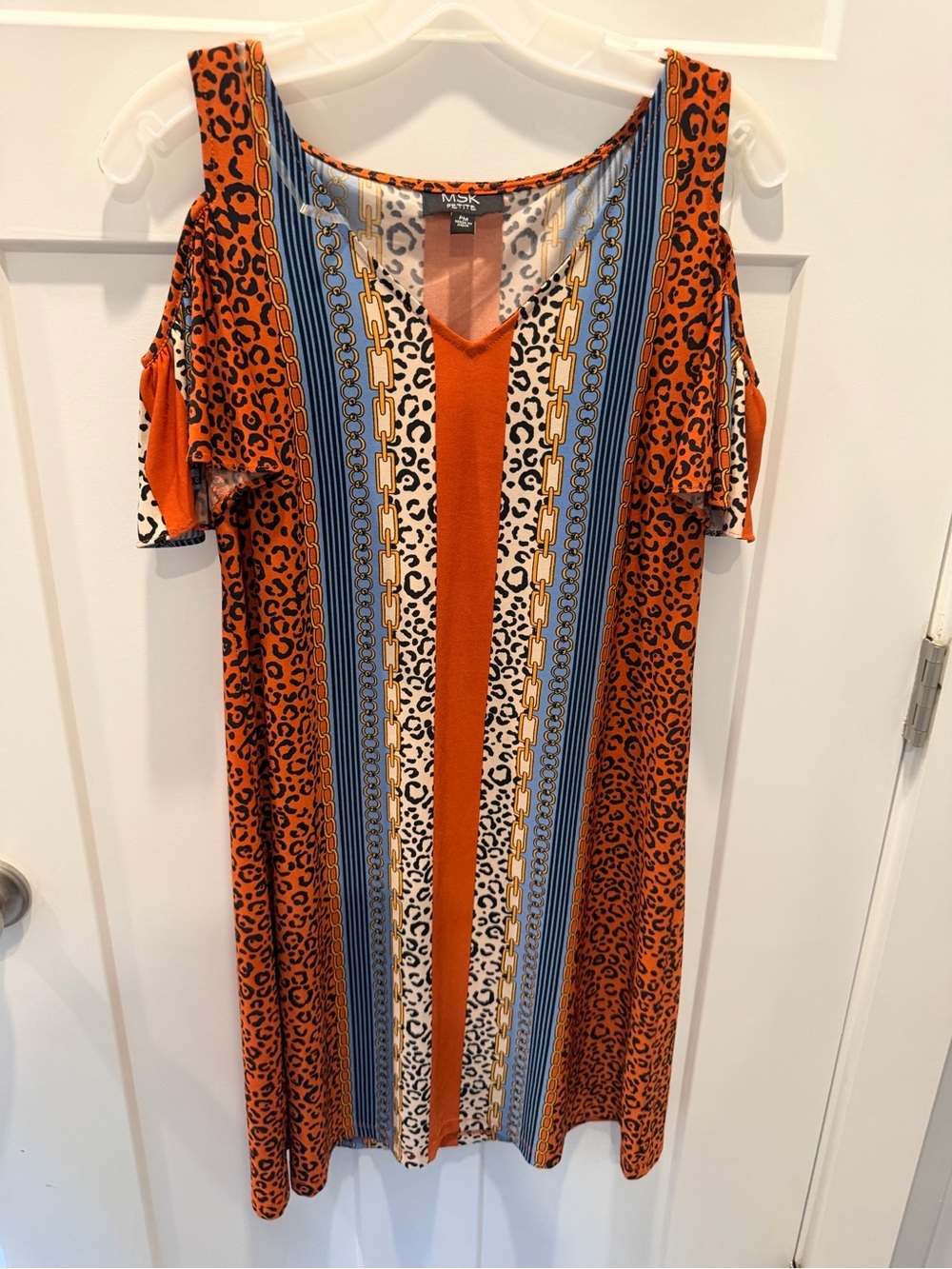 MSK Petite Orange Leopard Chain Print Cold Shoulder Shift Dress PM